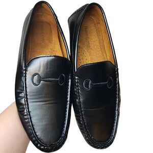 Henry Ferrera Black Loafers Men's Size 11 Faux Leather Upper EC Spellout On Side